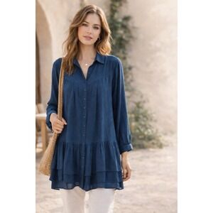 Soft Surroundings Tunic Oversized Sz L Button Up Whimsy Boho Lagenlook Relaxed